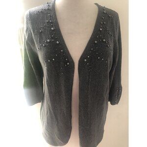 Susan Graver Style Womens Cardigan Sweater Small 3/4 Sleeves Gray Pearl Accents